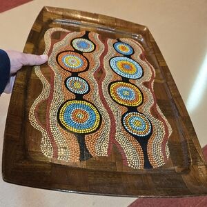 Handpainted geometric dot art on woven wood tray Upcycled Vtg